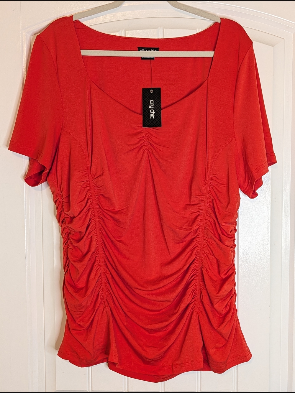 City Chic All Rouched Top Tigerlily Red-Orange Runched Short Sleeve Shirt